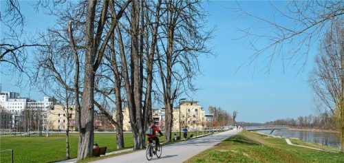 Spaziergänge und Radfahrten – nur nicht in Gruppen – sollen auch im Zuge der Ausgangsbeschränkung möglich sein, hier am Mangfallpark in Rosenheim, im Hintergrund der Inn.Foto Schöne