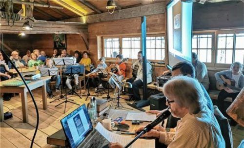 Wast Guggenhuber und Karlheinz Fürst (vorne) sowie die Musikinitiative Pittenhart sorgten für einen unterhaltsamen Nachmittag im Hilgerhof.Foto Pis