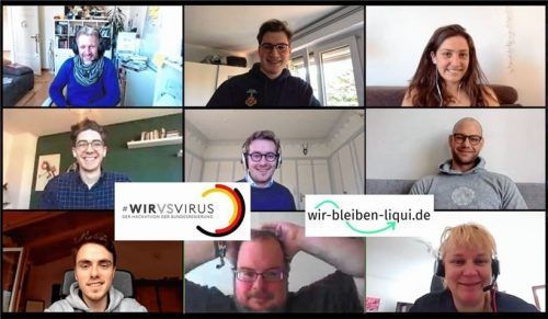 Ehrenamtliche Unterstützung aus dem Wohnzimmer: Ludwig Gröber aus Rosenheim (unten links), Bea Kusnitzoff aus München (unten rechts) und weitere Teammitglieder von wir-bleiben-liqui.de.