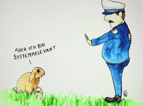 Gilt die Ausgangsbeschränkung auch für Osterhasen? Dieser Frage hat sich die 19-jährige Hannah Brader aus Rosenheim, die derzeit die Fachoberschule für Gestaltung besucht, in einer Karikatur gewidmet.