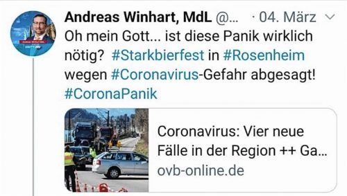 Anfang März schätzte Andreas Winhart die Situation selber noch gänzlich anders ein. Hier sein Twitter-Beitrag kurz vor dem Start des Rosenheimer Starkbierfestes.re