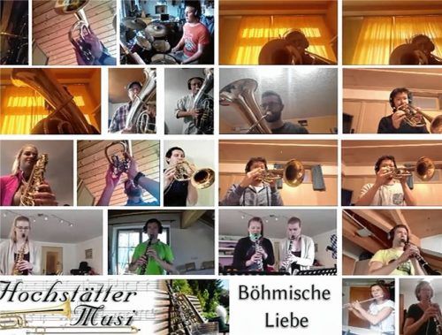 Blasmusik übers Internet: Mitglieder der Hochstätter Musi haben gemeinsam ein Online-Video aufgenommen. Dazu spielten die Musiker ihren Part über die Leitstimme des Ersten Trompeters und schickten es weiter. Foto Hochstätter musi