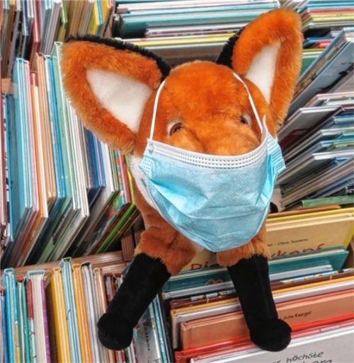 Büchereifuchs Felix freut sich auf die Besucher, die ab heute, Montag, wieder kommen dürfen. Mund-Nasen-Schutz hat er schon anprobiert. Foto re