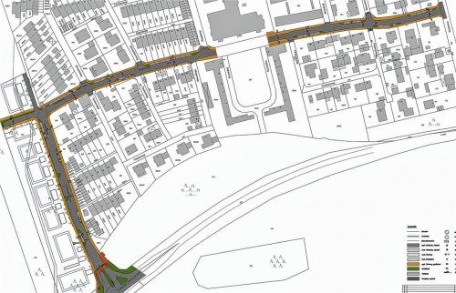 Der Ausbaubereich: An der Einfahrt zum Ortsteil Föhrenwinkel ist eine Querungshilfe geplant (siehe unten links), der Finkenweg wird um zwei Meter verbreitert und zur verkehrsberuhigenden Zone mit beidseitigem Gehweg, Parkbuchten und Alleebäumen entwickelt. Im Meisenweg wird diese Planung unter Beibehaltung des bestehenden Straßenquerschnitts soweit möglich fortgesetzt. STadt/Behringer