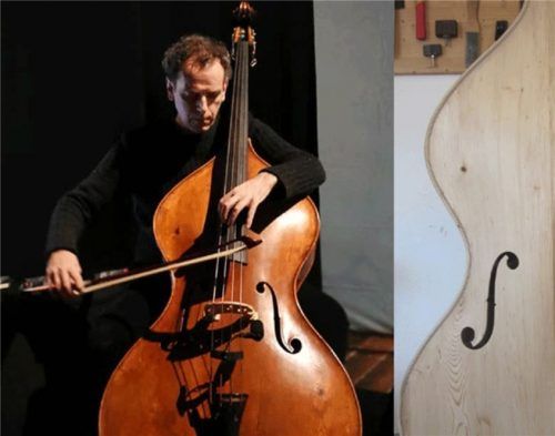Der bekannte Solist und Kontrabass-Professor Daniele Roccato aus Italien hat sich eine Sonderanfertigung bauen lassen. Sein Kontrabass hat eine außergewöhnliche Birnenform. Die Decke des Instruments ist über 300 Jahre alt.Foto Krahmer-Pöllmann