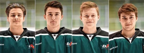 Die Verteidiger Benedikt Dietrich (links) und Michael Gottwald (rechts) sowie die Angreifer Kilian Steinmann (Zweiter von rechts) und Philipp Lode (Zweiter von links) rücken in den Kader der ersten Mannschaft auf. Fotos  Ziegler