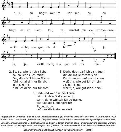 Eines der wohl bekanntesten deutschen Volkslieder ist „Du liegst mir im Herzen“. VMA