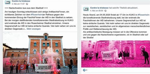 Feiert in den sozialen Medien eine Antifa-Aktion vor dem Rathaus der Stadt Rosenheim: die linksextremistische Gruppe „Contre la Tristesse“, die der Bayerische Verfassungsschutz im Blick hat.klinger/Quelle Facebook