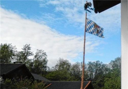 Geschmückt mit der Bayernfahne und einem Efeu-Kranz ragte der Maibaum in Reischenhart in den weiß-blauen Maihimmel. Nach einem Tag im Garten wurde er jedoch aufgrund der stürmischen Witterung schnell entfernt.Foto privat