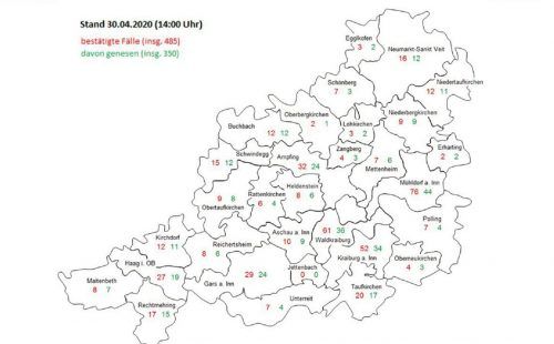 Jettenbach bleibt verschont: Der Schwerpunkt der Corona-Pandemie liegt in Städten Mühldorf, Waldkraiburg, Neumarkt-St. Veit und der Gemeinde Ampfing. Die meisten Infektionen auf 1000 Einwohner gibt es in Taufkirchen und Kraiburg. Jettenbach bleibt coronafrei. Die Zahlen spiegeln den Stand von Donnerstag.  Landratsamt Mühldorf