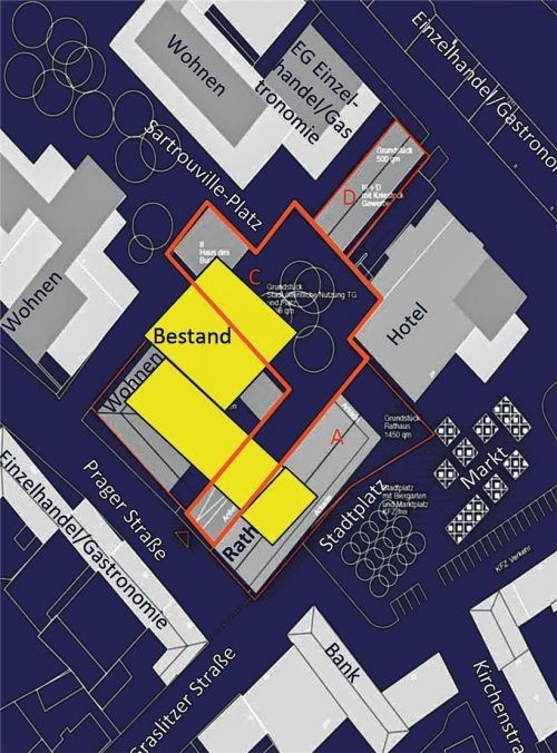 Um diesen Bereich geht es bei den Architektenwettbewerben, die die Stadt ausschreiben will: Vor das alte Rathaus (gelbe Fläche), das wohl abgerissen wird, soll zum Stadtplatz hin ein Neubau gesetzt werden. Auf dem Areal, das durch den Rathausabriss frei wird, ist eine Wohnbebauung im Gespräch. Die Tiefgarage (orange umrandet) soll durch eine neue Tiefgarage ersetzt werden und damit die Barriere zwischen Sartrouville-Platz und Stadtplatz verschwinden. Ziel des Ideenwettbewerbs ist es, für das Umfeld Entwicklungsmöglichkeiten aufzuzeigen. Daran sind einige Immobilieneigentümer interessiert.Foto  db stadtplan dreer & böhm