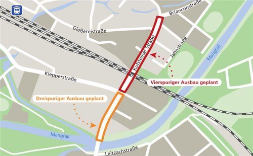 Der Streitpunkt: Während sich das Gremium bereits für einen dreispurigen Ausbau des südlichen Teils (Klepperstraße bis Mangfallbrücke) aussprach, gehen die Meinungen bei dem Vorschlag auseinander, den nördlichen Teil (Briancon- bis Klepperstraße) vierspurig auszubauen. Klinger