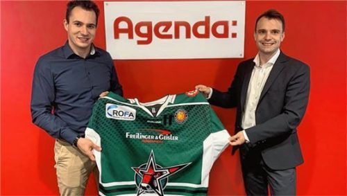 Engagierte Zusammenarbeit: Daniel Bucheli (links), Geschäftsführer der Starbulls Rosenheim, und Sebastian Theisen, Prokurist und Leiter Marketing & Sales der Agenda Informationssysteme GmbH & Co. KG. Foto Starbulls