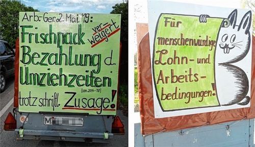 Selbst der Osterhase wurde eingespannt: Nur zwei von vielen Arbeitskampf-Parolen, jahrelang platziert auf einem Anhänger am Straßenrand in Kolbermoor. Foto re