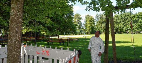 Baumpfleger Hubert Ronge inspiziert am Badeplatz in Pietzing genauestens die Bäume und befreit sie von Schädlingen. Fotos Geyer