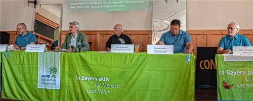 Bei der Pressekonferenz: Ralf Exler, Bürgerinitiative Nordzulauf Kolbermoor, Richard Mergner, Vorsitzender des Bund Naturschutz, Peter Kasperczyk, Vorsitzender der BN-Kreisgruppe Rosenheim, Thomas Riedrich, Vorsitzender des Brennerdialog Rosenheimer Land sowie Jakob Mangold-Boldt vom Bürgerforum Inntal (von links). Foto  Thomae