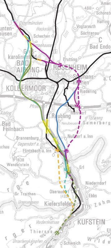 Der Kreistag lehnte in seinem Beschluss jeden der fünf Trassenvorschläge (gestrichelte Flächen sind mögliche Tunnellösungen) in der vorliegenden Form ab.ahn AG, Klinger