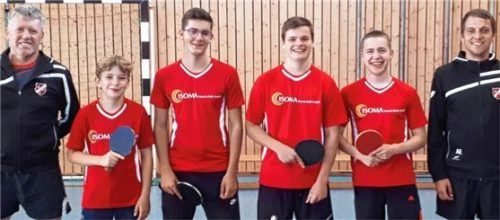 Der SV Schonstett mit Trainer Otto Thaller, Luis Mangstl, Kilian Hainzl, Marinus Bichler, Thomas Voggenauer sowie Trainer Andreas Eisgruber (von links) spielt künftig in der Bezirksoberliga der Buben.Foto erlich