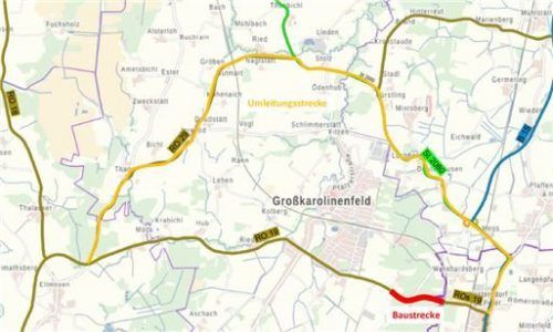 Gelb markiert ist die Umleitungsstrecke entlang der Staatsstraße 2080 und der RO29.Grafik: Strassenbauamt