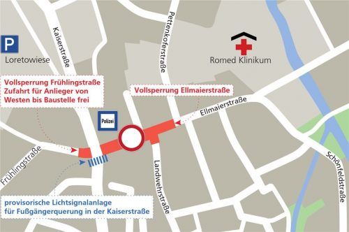 So sieht die Situation rund um die Großbaustelle in der Ellmaierstraße aus. Ab heute, Donnerstag, kommt es im Bereich der Frühlingstraße zu einer Vollsperrung. Klinger