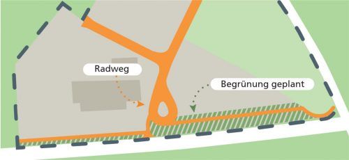 Die Begrünung im Gewerbegebiet Schwabering-Süd (grün-schraffierter Bereich) kommt, zunächst muss aber erst der Radweg (gelb) gebaut werden. Klinger