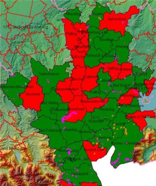 Rot eingefärbt: Diese Gemeinden sind noch keine Mitglieder im Landschaftspflegeverband Rosenheim.