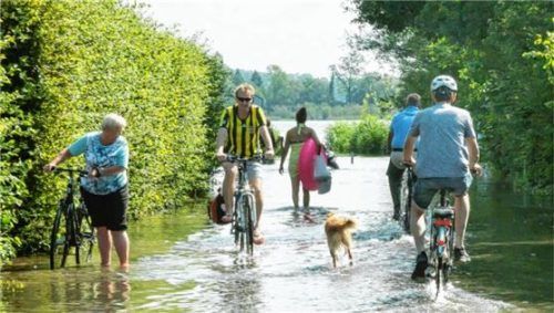 Unbeeindruckt von der Überflutung des Chiemsees zeigten sich die Besucher auf dem Forellenweg in Prien. Foto Berger