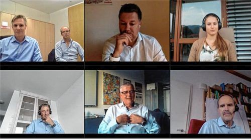 Diskutierten beim IdW-Online-Treffen über die Ziele und Chancen des neuen Campus Chiemgau: Dr.-Ingenieur Andreas Straube, Professor Dr. Franz Fischer, Professor Dr. Robert Kuttler, Magdalena Daxenberger (oben von links), Professor Dr. Rudolf Bäßler, Stefan Neumann und Franz Obermayer (unten von links). Foto Effner