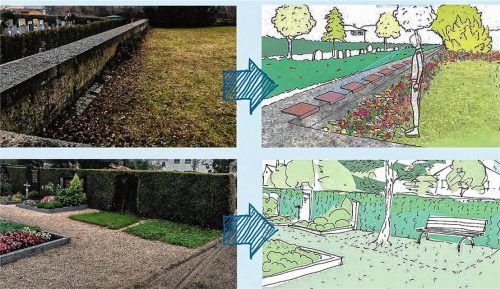 Im ersten Umsetzungsschritt soll auch die Rückseite der bestehenden Urnenwand als Begräbnisstätte genutzt werden (oberes Bilderpaar). Nicht nur zum Verschnaufen während der Grabpflege, sondern auch, um den Friedhof zu einem Aufenthaltsort der Ruhe zu machen, sollen Bänke an aufgelassenen Grabstätten aufgestellt werden.Klinger