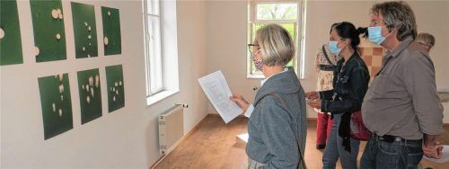 Intensiv nahmen die Vernissage-Besucher die Kunstwerke in Augenschein – hier das Werk „Zeitgleich“ von Susanne Pittroff. Galerie-Chefin Conny Ahrens hatte Handreichungen vorbereitet, in denen sich die Besucher über die Künstlerinnen und ihre Arbeiten informieren konnten.