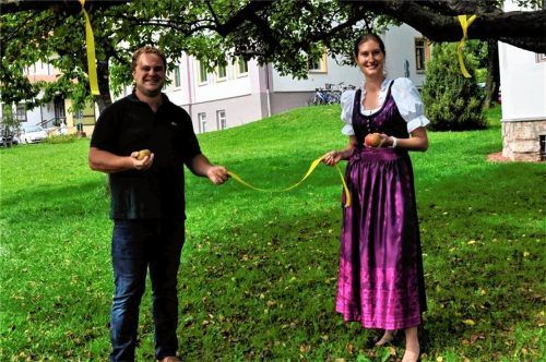 Kennzeichnen mit dem gelben Band die gemeindeeigenen Obstbäume: Bernaus Bürgermeisterin Irene Biebl-Daiber und Umweltreferent Severin Ohlert. Die Bänder können sich Baumbesitzer kostenlos im Rathaus abholen und damit andere zum Ernten einladen.Foto . re