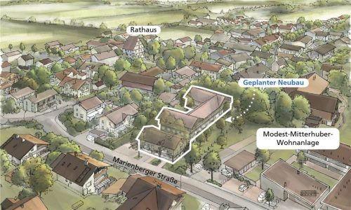 An der Marienberger Straße in Schechen will die Firma Quest zwei Gebäudekomplexe mit 16 Wohnungen und einer Tiefgarage für die Bewohner sowie Besucherparkplätze bauen. Quest/Klinger