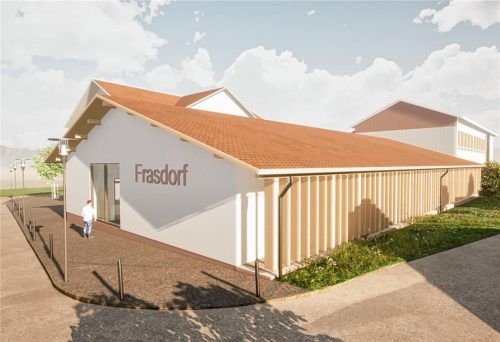 So könnte die neue Frasdorfer Sporthalle zwischen dem alten Schulhaus (links im Hintergrund) und dem neuen Schulhaus (rechts in Verlängerung) aussehen. Der Schriftzug ist zunächst nur auf den Planungsunterlagen vorgesehen. Die künftige Gestaltung der Fläche ist noch nicht entschieden.Foto Planungsgruppe Strasser