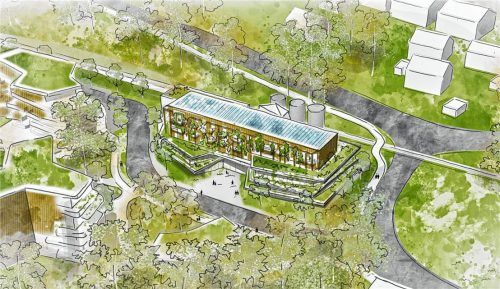 So soll es aussehen: das neu kombinierte Geschäfts- und Wohnhaus „Spinnerei-West“ mit daran angebautem Blockheizkraftwerk. Der neue Entwurf setzt auf eine deutliche Gliederung zwischen Geschäfts- und Wohnbereichen. Der Bau wird dadurch optisch aufgelöst und gewinnt deutlich an „Leichtigkeit“. Behnisch Architekten