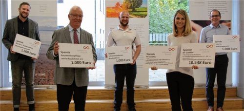 Alexa Hubert vom Stifterkreis Zukunft überreichte je 1000 Euro an vier gemeinnützige Organisationen in der Region (von links): An Christian Hlatky, Teamleiter Projekte Rosenheim bei Startklar Jugendhilfe; Anton Heindl, Vorstandsmitglied beim Hauskrankenpflegeverein Rosenheim; Michael Wagner-Fischer, Vorsitzender des Schwimmbadvereins Bruckmühl, und an das Audorfer Bauerntheater, hier wegen Krankheit vertreten durch Markus Götz, Vorstandsmitglied des Stifterkreises Zukunft.Foto Stifterkreis Zukunft