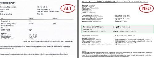 Das Ratespiel um den Corona-Testbescheid (Eurofins) hat ein Ende: Die überarbeitete Version (rechts) ist nun klar und deutlich.KLinger
