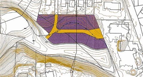 Das Überschwemmungsgebiet Flutmulde ist in der Grafik lila markiert. Es befindet sich im südwestlichen Teil Halfings und wird von einem Wohngebiet und geplanten neuen Straßen umgeben. SAK Ingenieurgesellschaft