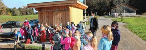 Die beiden ersten Klassen der Preysing-Grundschule in Aschau halfen bei der Bepflanzung am Frasdorfer Lehrbienenstand.Foto Rehberg