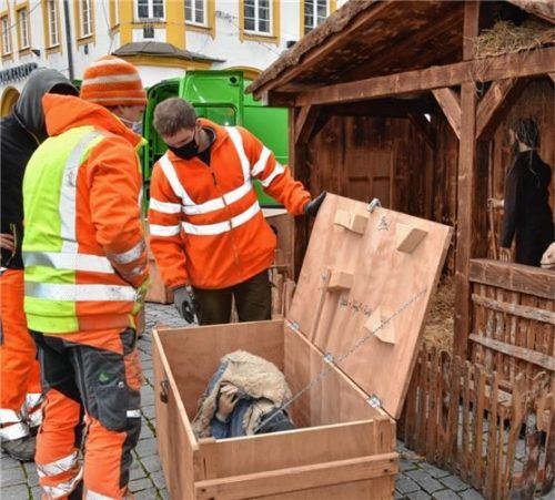 Mitarbeiter der Stadtwerke Rosenheim haben gestern Nachmittag die Krippe am Max-Josefs-Platz aufgestellt. Foto Schlecker