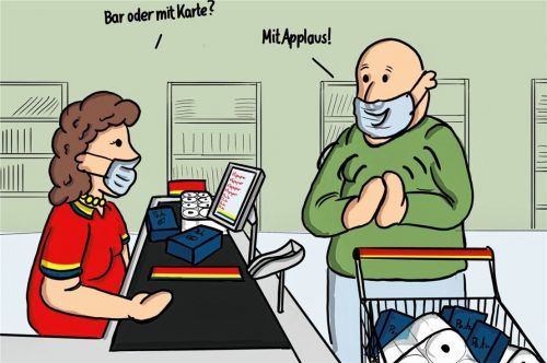 „Applaus am Fließband“ heißt der preisgekrönte Cartoon, der auch auf die schlechte Bezahlung systemrelevanter Berufe deutet.Fotos RE