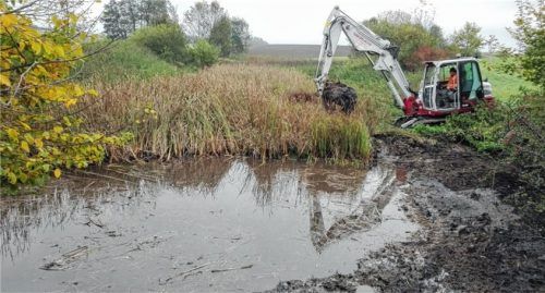 Baggerarbeiten am Weiher südlich des Hilgerhofs: Im Vordergrund ist der bereits entlandete Bereich zu sehen.Foto Landschaftspflegeverband Traunstein