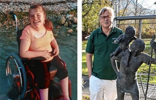 Ein starkes Team: Julia (im Gardasee) und Dr. Christian Brückmann (mit Namenspatron vor dem Haus Christophorus). Die junge Frau hat früh Mutter und Vater verloren. Seither ist der Mediziner viel mehr ist nur ihr Arzt. Fotos cv