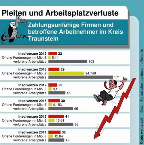 So haben sich Insolvenzen im Kreis Traunstein in den vergangenen Jahren entwickelt. teb