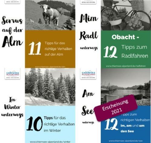 Eine Collage aus Verhaltenstipps-Titeln hat der Chiemsee-Alpenland-Tourismusverband entwickelt, um so das Miteinander zwischen Urlaubern und Einheimischen zu fördern und zu verbessern. Fotos re/Hötzelsperger