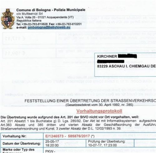 Nur auf den ersten Blick echt: das „Mahnschreiben“ aus Italien. Kirchner