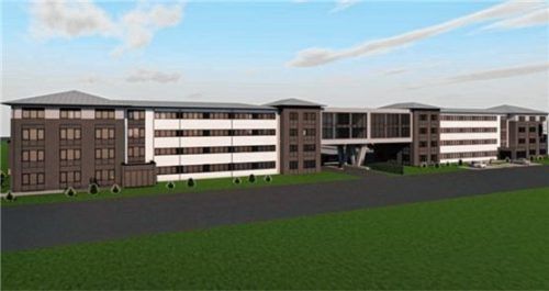 Die Skizze zeigt links das jetzige Firmengebäude, an das bei einer Erweiterung zwei „Türme“ mit einer Brücke angebaut werden. Rechts entsteht ein Neubau. BÜRO WENGER