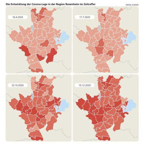 Ein Jahr Corona-Pandemie in der Region Rosenheim: Im April waren die lokalen Hotspots Bad Feilnbach, Nußdorf und Aschau (links oben); im Sommer die Entspannung mit vielen weißen Flecken auf der Landkreiskarte (rechts oben); ab Mitte Oktober explodierende Fallzahlen; und eine neue Hochphase Mitte Dezember (rechts unten).KLinger