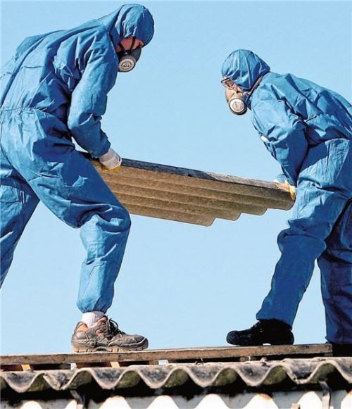 Arbeiter in Schutzanzügen und mit Luftfiltern über Mund und Nase entfernen gesundheitsschädliche Asbestplatten vom Dach eines alten Gebäudes. Foto Bernd Wüstneck/dpa