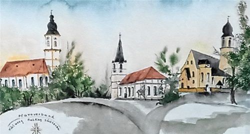 Aus drei Gemeinden wurde ein Pfarrverband, der seit 30 Jahren einen gemeinsamen Weg geht. Das passende Aquarell hängt im Höslwanger Kloster, wo die Franziskaner-Minoriten, seit knapp zwei Jahrzehnten für die Seelsorge zuständig, wohnen. Foto privat