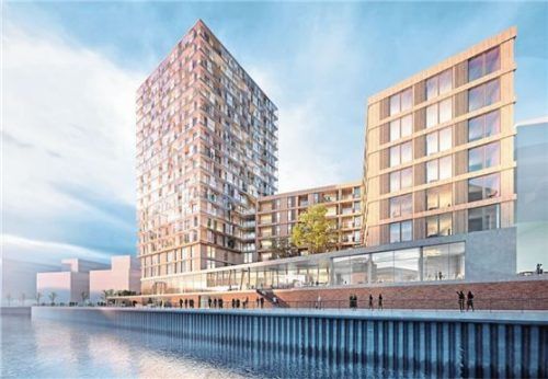 In der HafenCity in Hamburg entsteht aktuell Deutschlands größtes Holzhochhaus „Roots“. Foto Visualisierung GbR / dpa